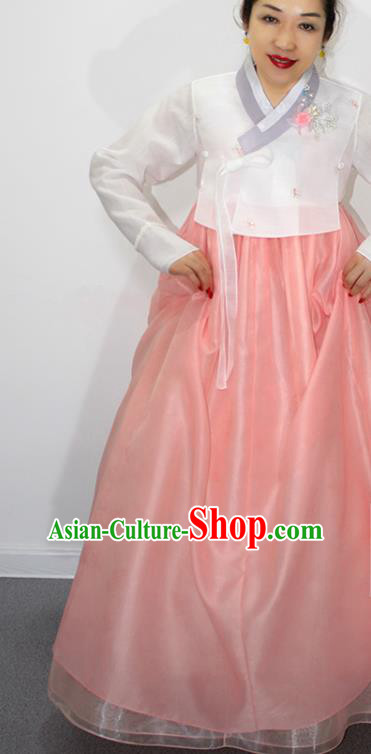 Korean Traditional Fashion Garments Asian Korea Court Dance Hanbok Clothing Bride Mother White Blouse and Pink Dress