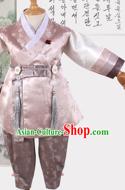 Korean Boys Hanbok Clothing Young Prince Pink Shirt and Brown Pants Asian Korea Traditional Fashion Garments