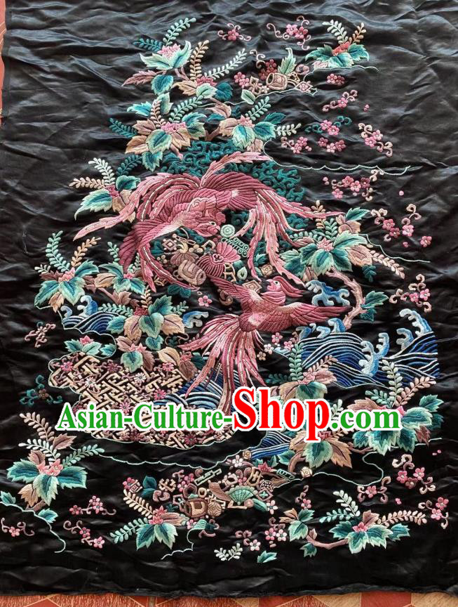 Chinese Hand Embroidery Craft Traditional Embroidered Phoenix Black Silk Cloth