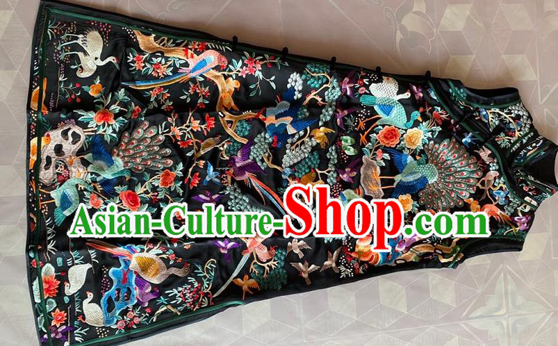 China Tang Suit Garment Traditional Black Silk Cheongsam National Embroidered Peacock Qipao Dress