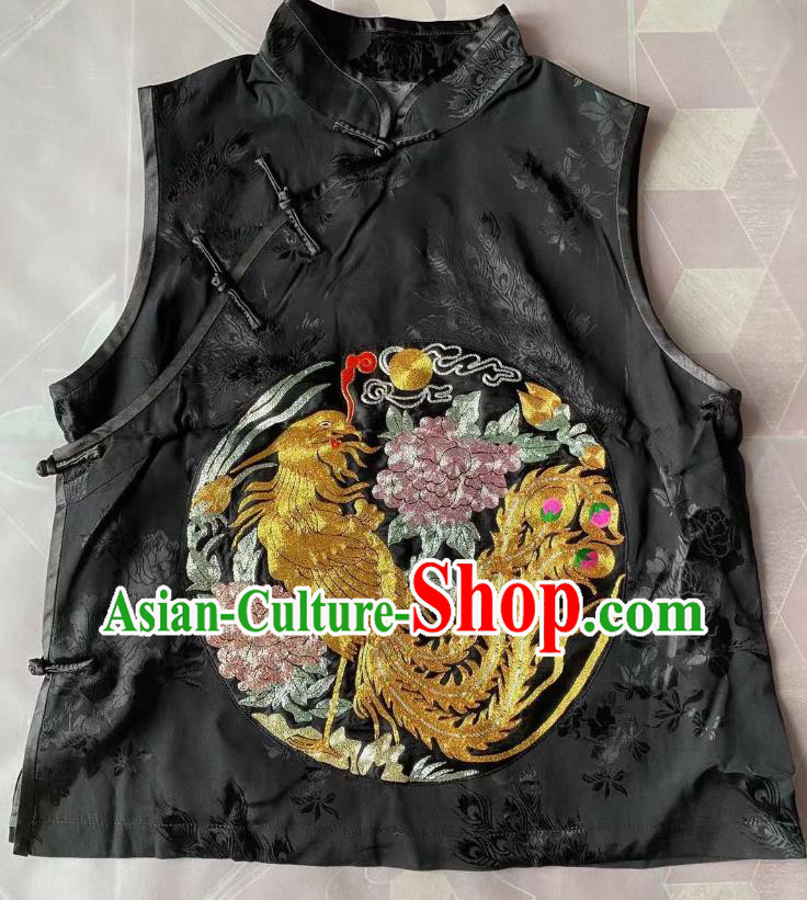 China Tang Suit Upper Outer Garment Traditional Black Silk Waistcoat Clothing National Embroidered Phoenix Peony Vest