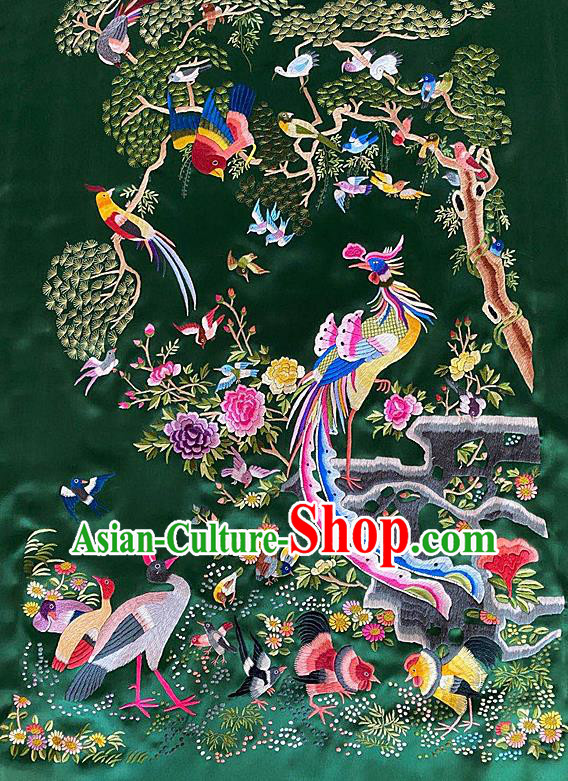 Chinese Traditional Embroidered Phoenix Birds Cloth Hand Embroidery Green Silk Applique Craft