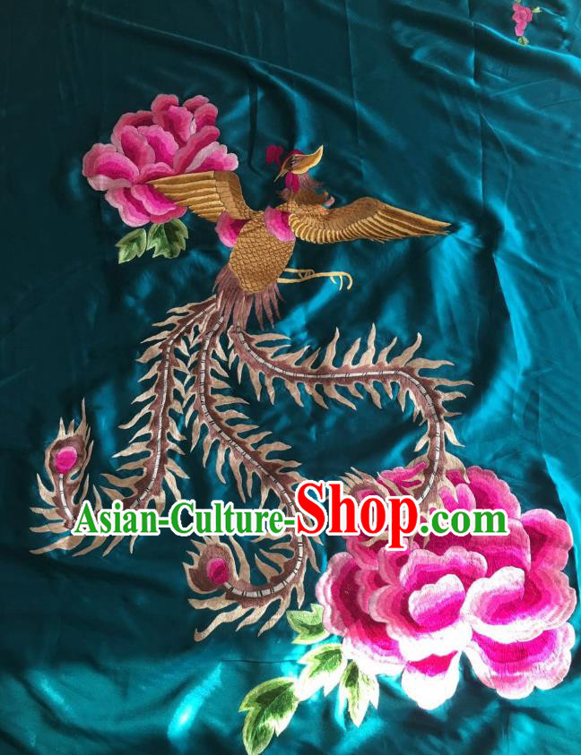 Chinese Hand Embroidery Blue Silk Applique Craft Traditional Embroidered Phoenix Peony Cloth Patch