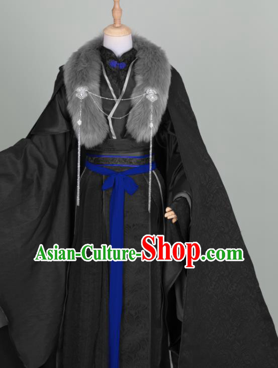 Chinese Traditional Drama Cosplay Swordsman Gu Yun Garment Costumes Ancient Royal King Black Hanfu Clothing