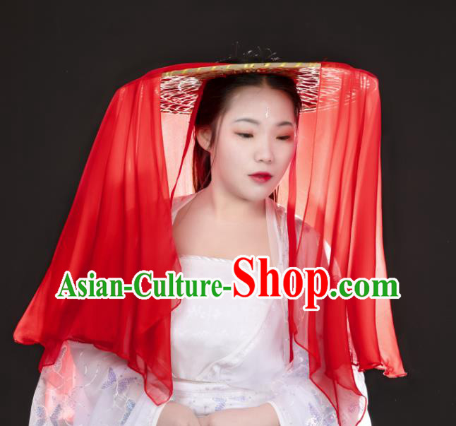 China Traditional Ming Dynasty Swordswoman Red Veil Headwear Ancient Princess Bamboo Hat