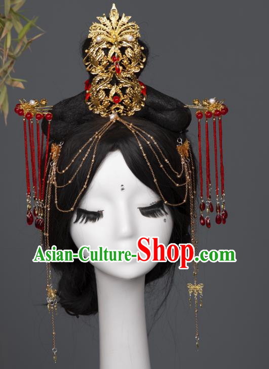 China Traditional Tang Dynasty Wedding Hair Accessories Ancient Princess Golden Hair Crown and Tassel Hairpins