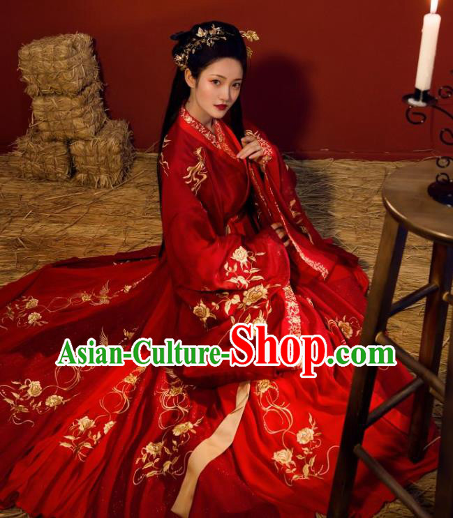 China Traditional Jin Dynasty Court Princess Wedding Historical Clothing Ancient Palace Lady Red Hanfu Dress Garments