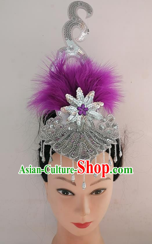 China Folk Dance Headwear Traditional Yangko Dance Argent Tassel Hair Crown Woman Group Fan Dance Purple Feather Hair Accessories
