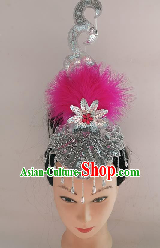 China Woman Group Fan Dance Rosy Feather Hair Accessories Folk Dance Headwear Traditional Yangko Dance Argent Tassel Hair Crown