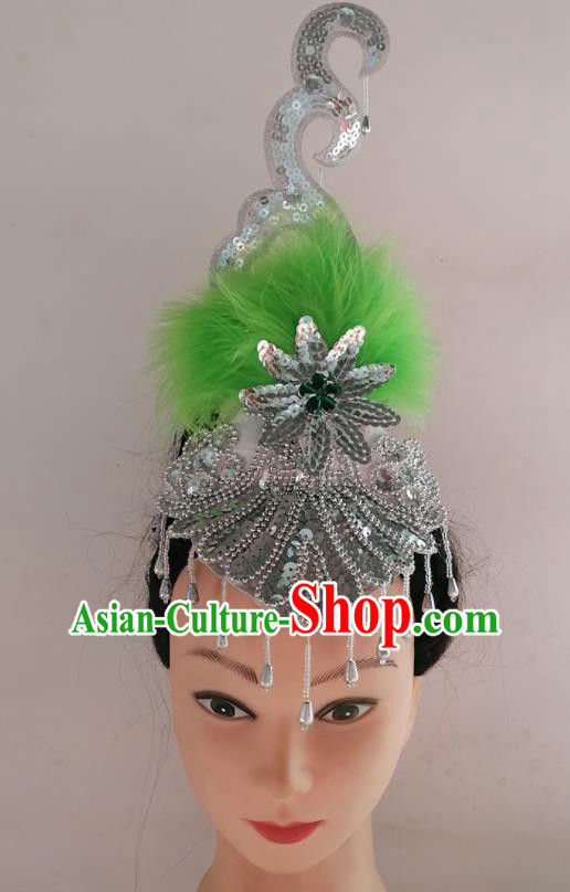 China Traditional Yangko Dance Argent Tassel Hair Crown Woman Group Fan Dance Green Feather Hair Accessories Folk Dance Headwear