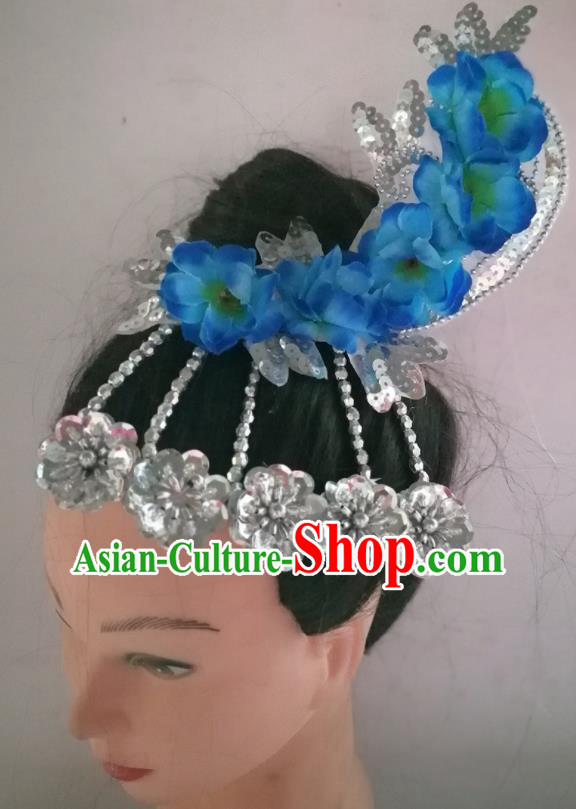China Traditional Woman Yangko Dance Hair Stick Classical Dance Deep Blue Plum Hair Accessories Folk Dance Headpiece