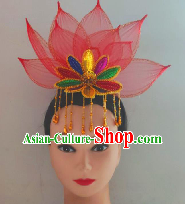 China Classical Dance Red Lotus Headpiece Yangko Dance Hair Accessories Traditional Spring Festival Gala Opening Dance Hair Crown