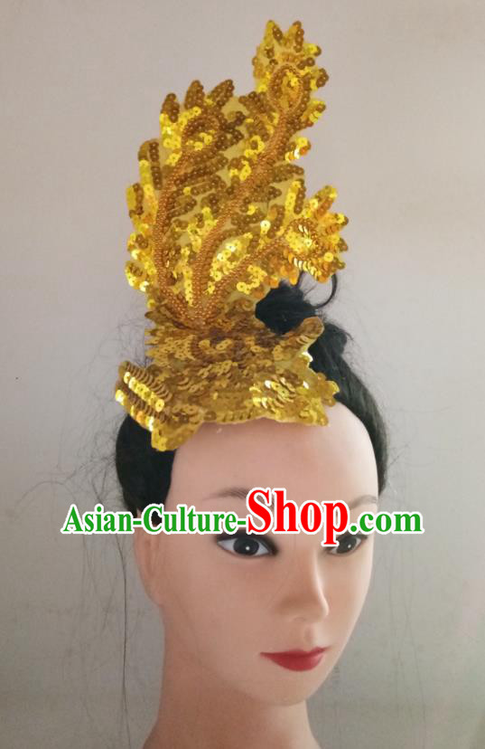 China Yangko Dance Golden Sequins Hair Accessories Traditional Peacock Dance Hair Stick Folk Dance Headpiece