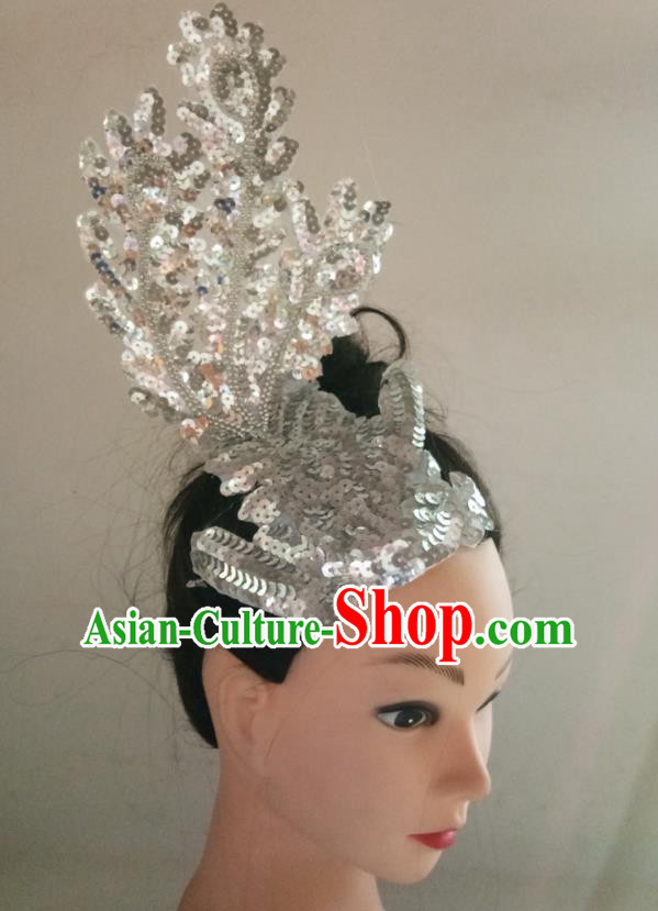 China Folk Dance Headpiece Yangko Dance Argent Sequins Hair Accessories Traditional Peacock Dance Hair Stick