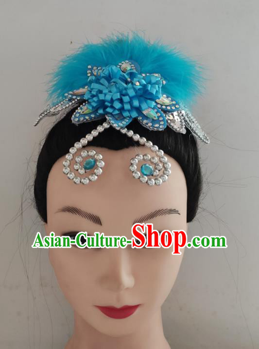 China Folk Dance Headpiece Woman Yangko Dance Hair Accessories Traditional Fan Dance Blue Feather Hair Stick