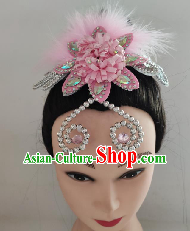 China Woman Yangko Dance Hair Accessories Traditional Fan Dance Pink Feather Hair Stick Folk Dance Headpiece