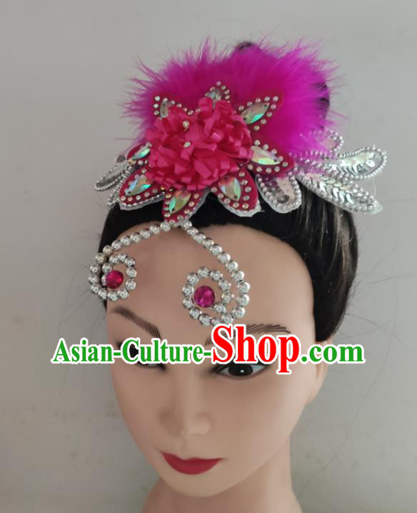 China Woman Yangko Group Dance Hair Accessories Traditional Fan Dance Headpiece Folk Dance Rosy Feather Hair Stick