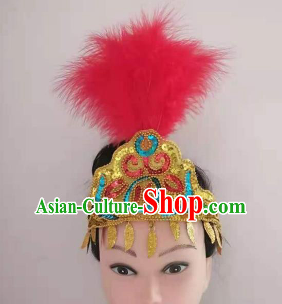 Chinese Traditional Uyghur Nationality Dance Headpieces Xinjiang Ethnic Watermelon Red Feather Hair Crown Folk Dance Hair Clasp