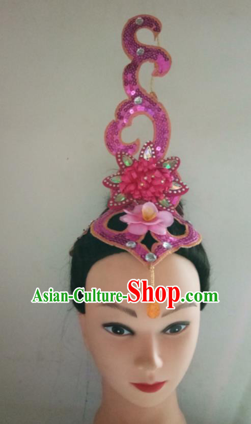 China Folk Dance Yangko Purple Sequins Hair Crown Woman Group Dance Hair Accessories Traditional Fan Dance Headdress