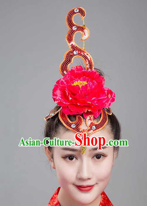 China Traditional Fan Dance Headdress Folk Dance Yangko Rosy Peony Hair Crown Woman Group Dance Hair Accessories