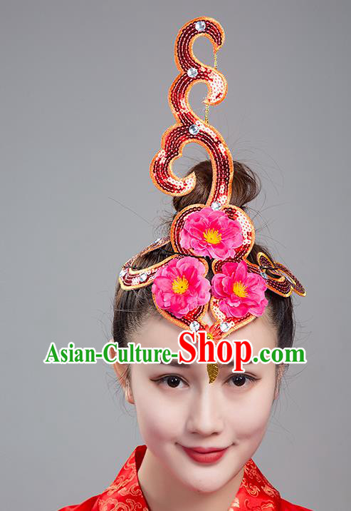 China Woman Group Dance Hair Accessories Traditional Fan Dance Headdress Folk Dance Yangko Rosy Peach Blossom Hair Crown