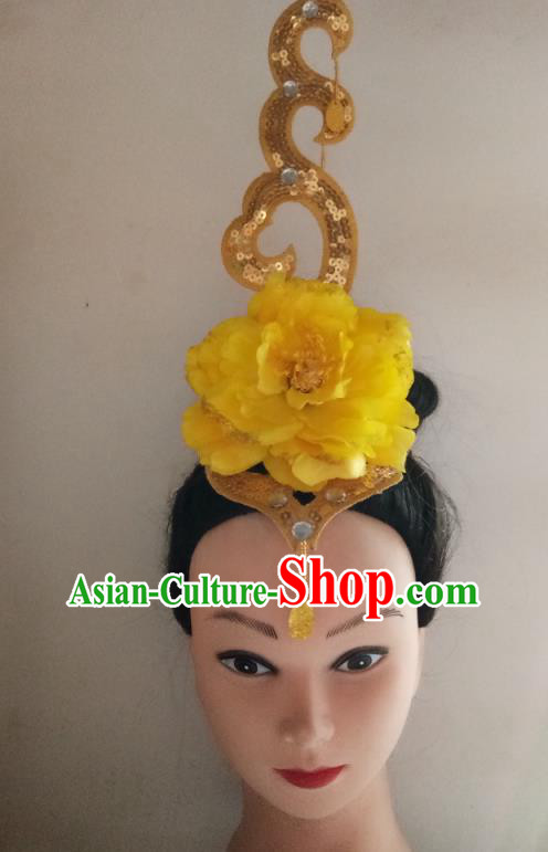China Traditional Yangko Dance Headdress Folk Dance Fan Performance Yellow Peony Hair Crown Woman Group Dance Hair Accessories