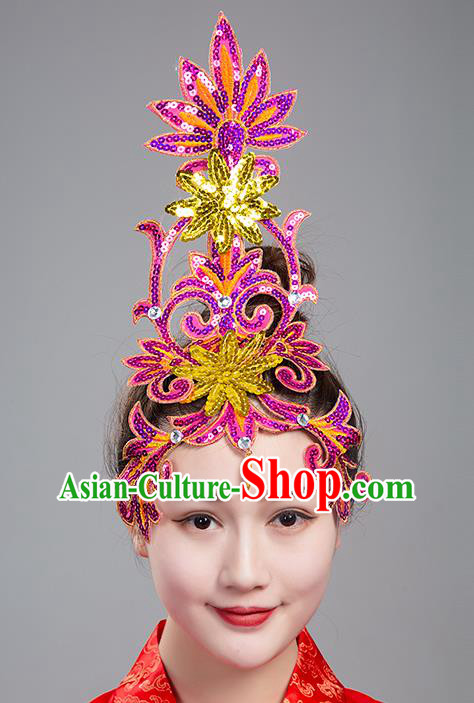 China Traditional Stage Performance Headpiece Folk Dance Fan Dance Hair Stick Woman Group Dance Rosy Sequins Hair Accessories