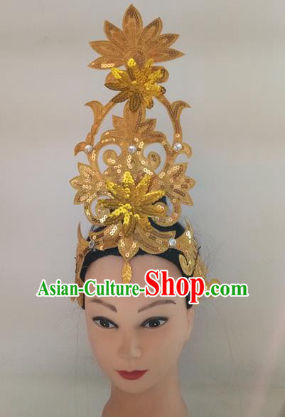 China Woman Group Dance Golden Sequins Hair Accessories Traditional Stage Performance Headpiece Folk Dance Fan Dance Hair Stick