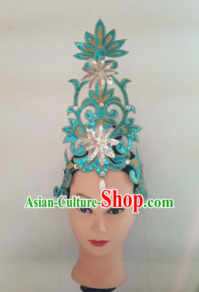 China Folk Dance Fan Dance Hair Stick Woman Group Dance Blue Sequins Hair Accessories Traditional Stage Performance Headpiece