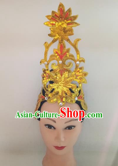 China Woman Group Dance Hair Accessories Traditional Stage Performance Yellow Sequins Headpiece Folk Dance Headwear Fan Dance Hair Stick