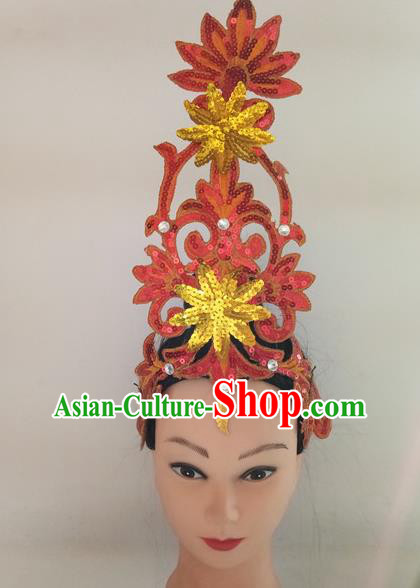 China Fan Dance Hair Stick Woman Group Dance Hair Accessories Traditional Stage Performance Red Sequins Headpiece Folk Dance Headwear