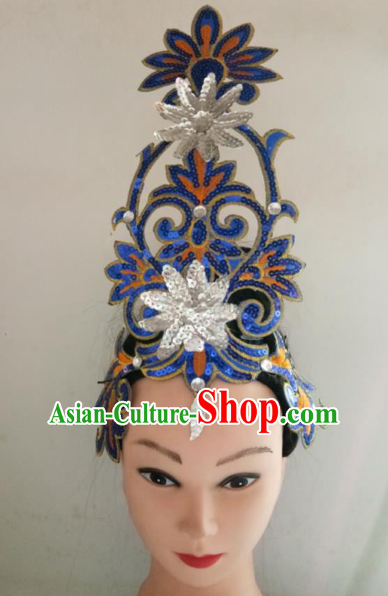 China Traditional Stage Performance Headpiece Folk Dance Royalblue Sequins Headwear Fan Dance Hair Stick Woman Group Dance Hair Accessories