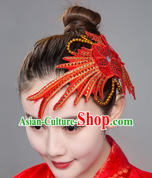China Folk Dance Hair Stick Female Group Dance Hair Accessories Traditional Performance Headpiece Folk Dance Embroidered Red Headwear