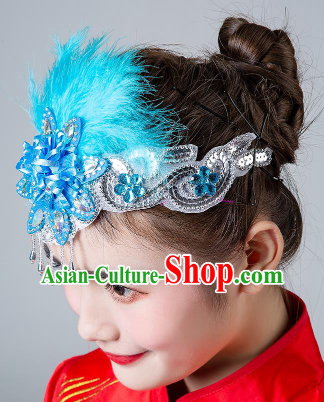 China Traditional Hair Accessories Folk Dance Blue Feather Headband Yangko Dance Hair Clasp Female Group Dance Headpiece