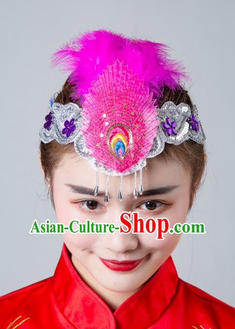 China Yangko Dance Hair Clasp Female Peacock Dance Headpiece Traditional Hair Accessories Folk Dance Rosy Feather Headband
