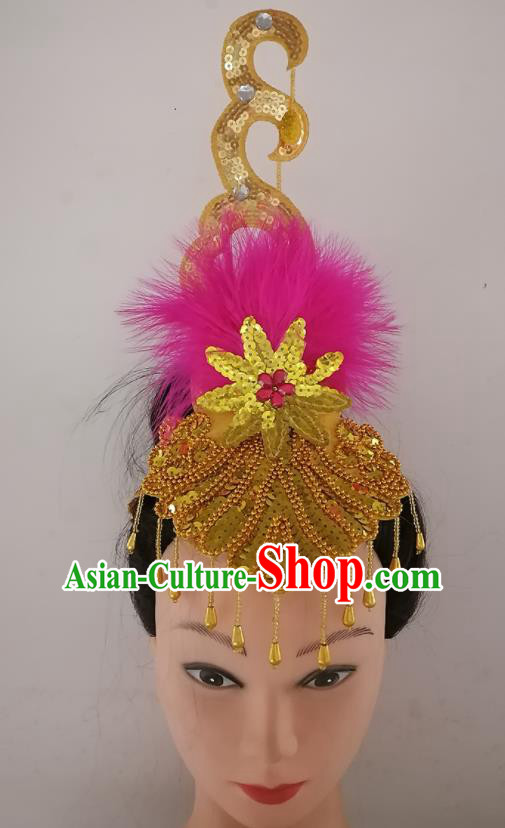 China Folk Dance Headpiece Traditional Yangko Dance Hair Crown Woman Group Dance Rosy Feather Hair Clasp