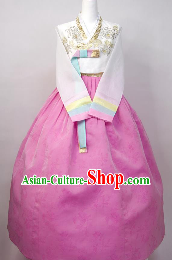 Korea Young Lady Traditional Clothing Korean Wedding Bride Fashion Costumes Classical Hanbok White Blouse and Pink Dress