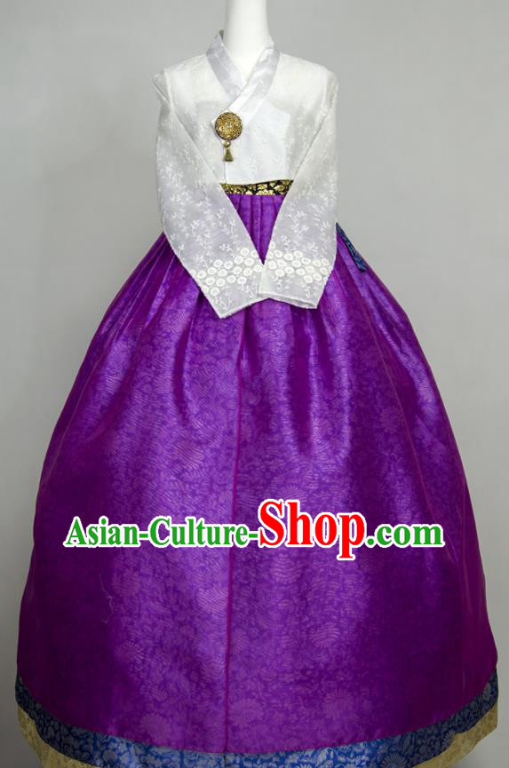 Korea Court Hanbok White Blouse and Purple Dress Korean Traditional Dance Clothing Wedding Bride Fashion Costumes