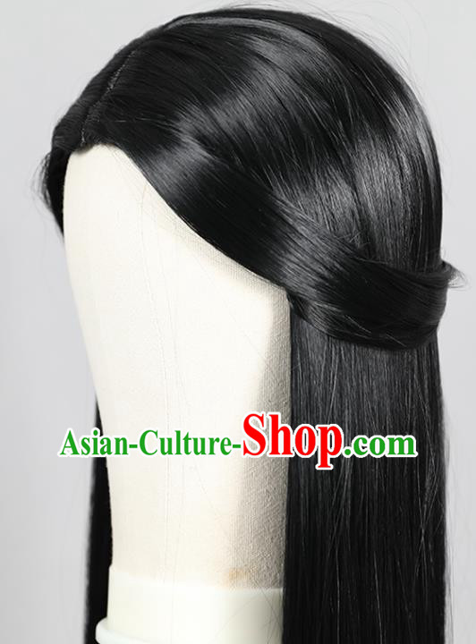 Chinese Jin Dynasty Scholar Black Toupee Hairpieces Cosplay Young Knight Wigs Ancient Swordsman Wigs