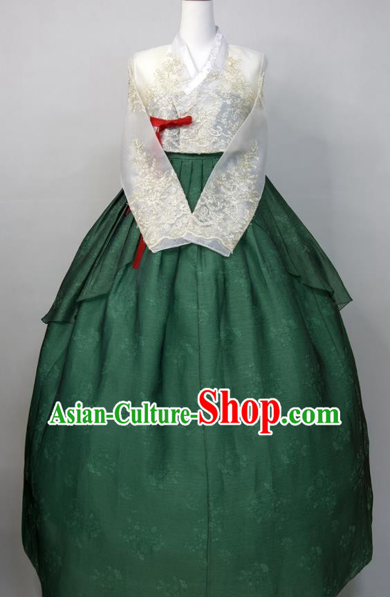 Korean Bride Hanbok White Blouse and Green Dress Korea Traditional Court Festival Clothing Wedding Fashion Costumes