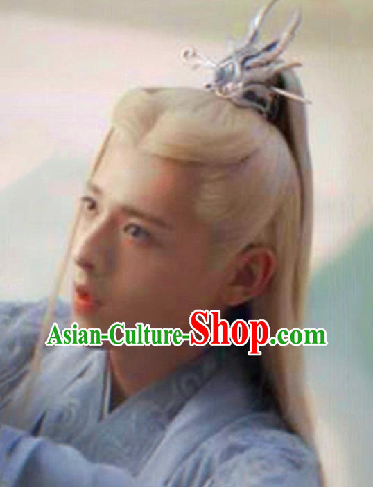 Chinese Ancient Swordsman Headdress Jin Dynasty Prince Toupee Hairpieces Cosplay Cang Lan Jue Dongfang Qingcang Beige Wigs