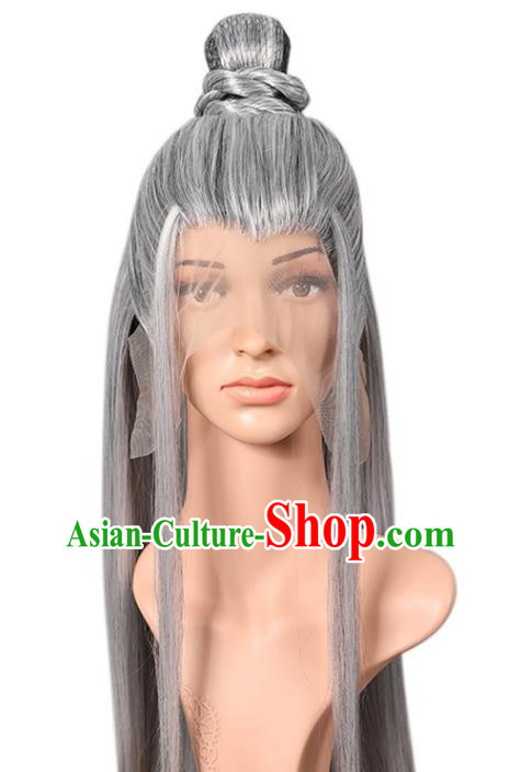 Chinese Cosplay Drama Swords of Legends Grey Wigs Ancient Swordsman Headdress Jin Dynasty Taoist Priest Toupee Hairpieces