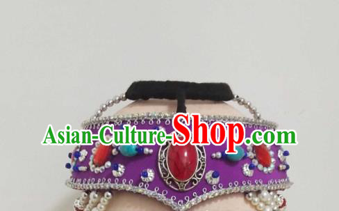 China Mongol Minority Performance Headwear Mongolian Nationality Woman Purple Headband Ethnic Folk Dance Hair Accessories