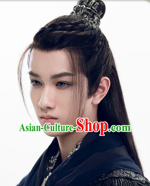 Chinese Jin Dynasty Knight Toupee Hairpieces Cosplay Drama Chivalrous Male Black Wigs Ancient Swordsman Headdress