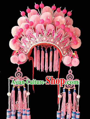 Chinese Peking Opera Hua Tan Headdress Beijing Opera Diva Phoenix Hat Traditional Opera Actress Pink Pompon Helmet