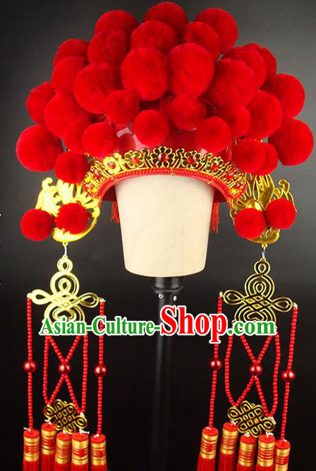 Chinese Traditional Opera Bride Red Pompon Helmet Peking Opera Wedding Headdress Beijing Opera Hua Tan Phoenix Hat