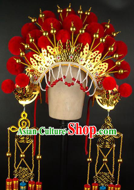 Chinese Peking Opera Wedding Headdress Beijing Opera Hua Tan Phoenix Hat Traditional Opera Bride Red Pompon Helmet