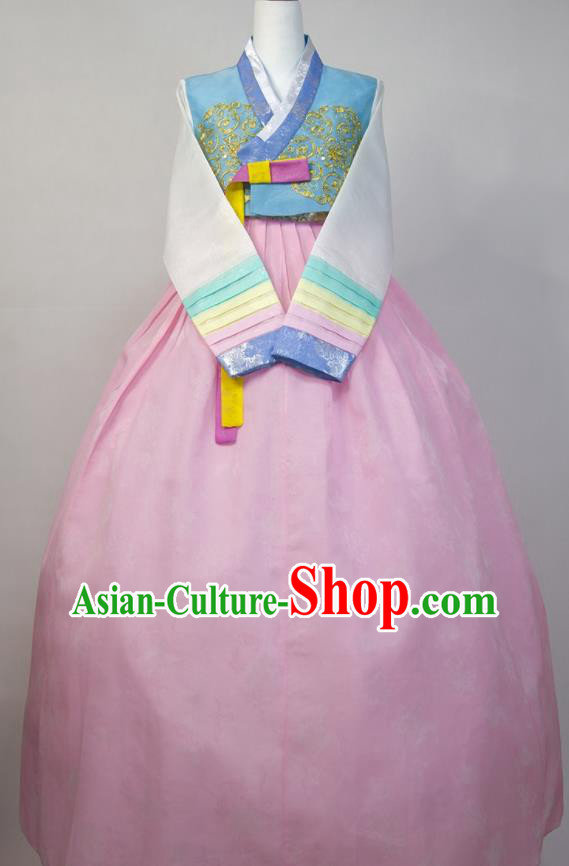 Korea Classical Wedding Fashion Costumes Bride Hanbok Blue Blouse and Pink Dress Korean Traditional Court Clothing