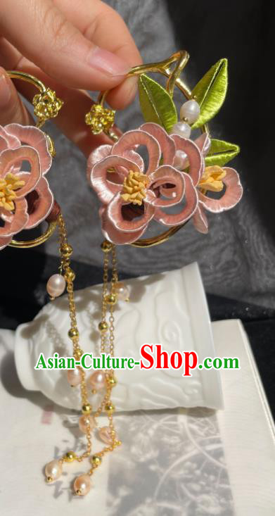 Handmade Chinese Ancient Palace Lady Pearls Tassel Earrings Ming Dynasty Princess Pink Silk Flowers Ear Accessories