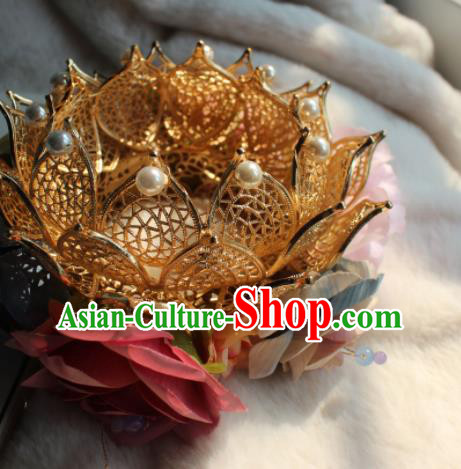 China Song Dynasty Imperial Consort Flower Hairpin Traditional Hanfu Hair Accessories Ancient Court Woman Golden Lotus Hair Crown